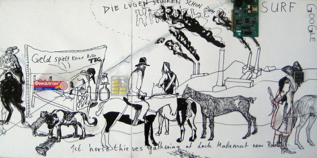 Artwork by Hans Heiner Buhr "Horse Thieves gathering" mixed media on canvas