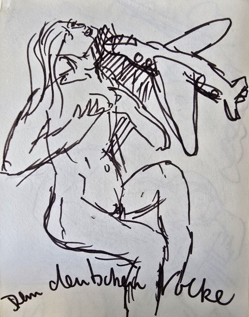 Ballpoint sketch of a nude figure with airplane, inscribed "Dem deutschen Volke", Amsterdam 1992
