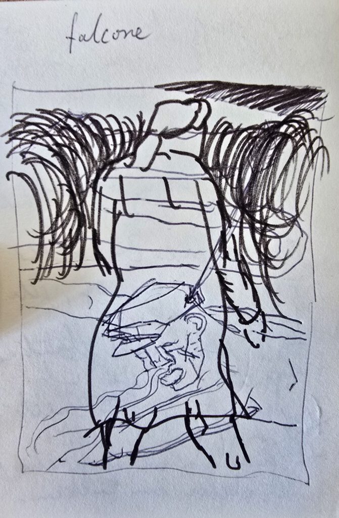 Abstract ballpoint sketch titled "falcone", dark expressive lines, Amsterdam 1992