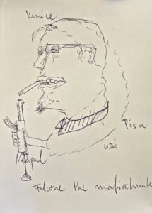 Ballpoint sketch of Giovanni Falcone holding a Uzi, with Venice, Pisa, Naples written around him, Amsterdam 1992