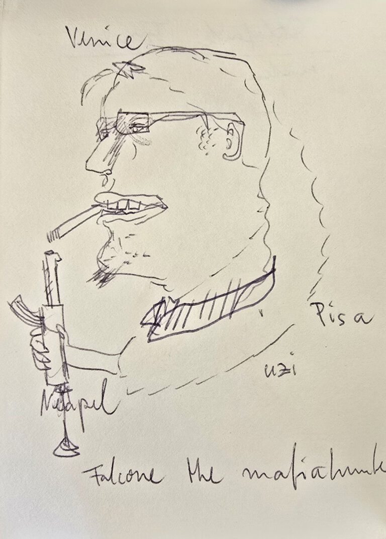 Ballpoint sketch of Giovanni Falcone holding a Uzi, with Venice, Pisa, Naples written around him, Amsterdam 1992