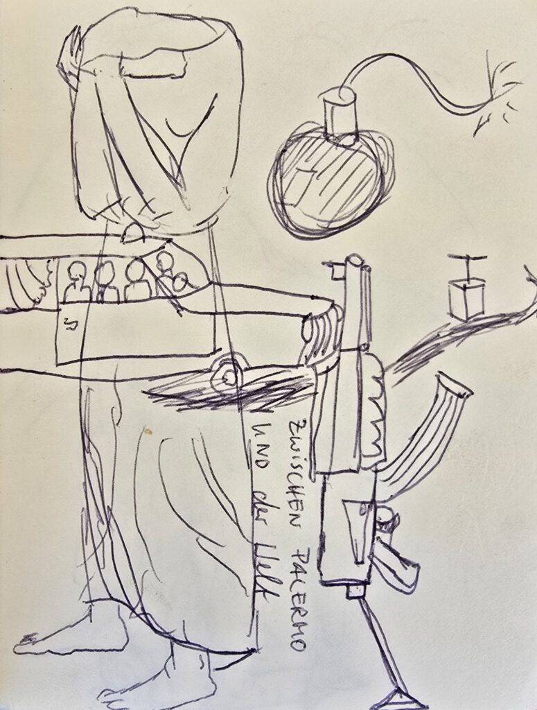 Ballpoint sketch of a weeping woman figure, Amsterdam 1992