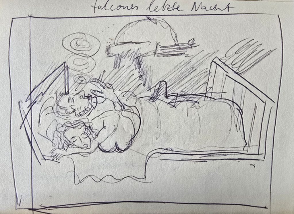 Ballpoint sketch of two figures in bed, inscribed "Falcones letzte Nacht", Amsterdam 1992
