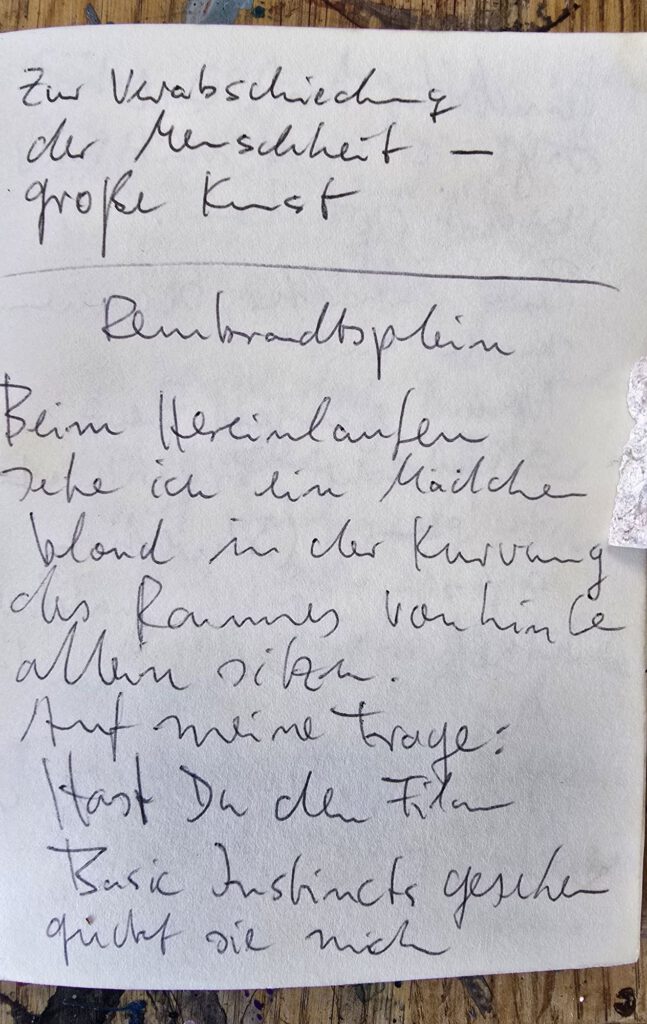 Handwritten notes in German about a night on the Rembrandtplein, Amsterdam 1992, page 1