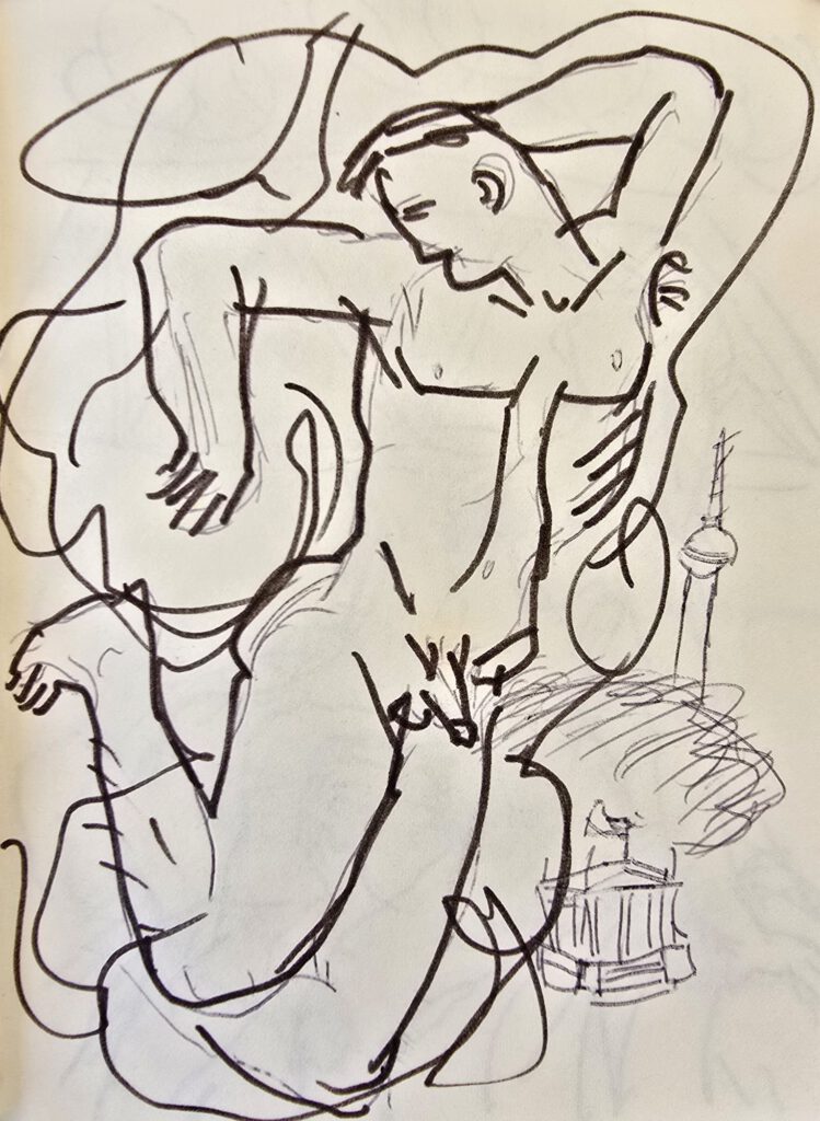 Expressive ballpoint sketch of a male nude with the Berlin Fernsehturm in the background, Amsterdam 1992
