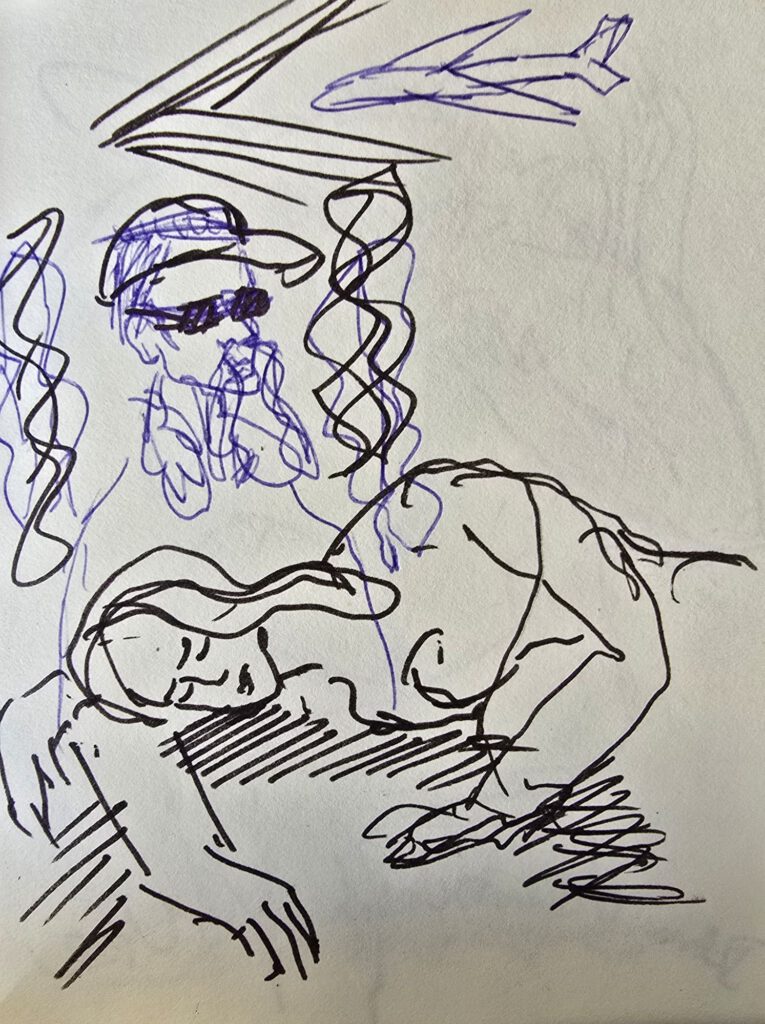 Mixed ballpoint sketch of a sleeping female nude with male figure and airplane above, Amsterdam 1992