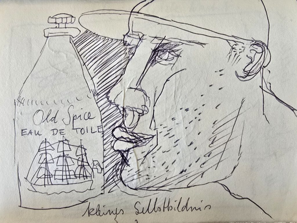 Ballpoint self-portrait of Hans Heiner Buhr with Old Spice bottle, inscribed "kleines Selbstbildnis", Amsterdam 1992