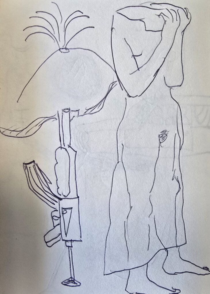 Ballpoint sketch of a headless female figure with AK-47, weeping gesture, Amsterdam 1992