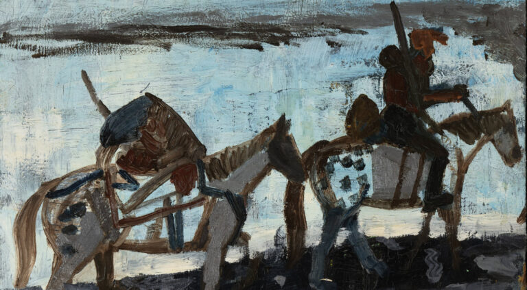 The Caravan, oil painting by Hans Heiner Buhr showing a rider with packhorses and livestock guardian dogs in a Caucasus landscape. Detail of the artwork.