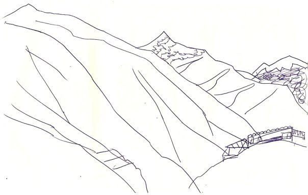 Minimal line drawing of a mountain pass landscape