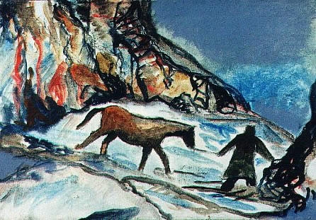 Small expressive painting of a person leading a horse in a snowy mountain setting