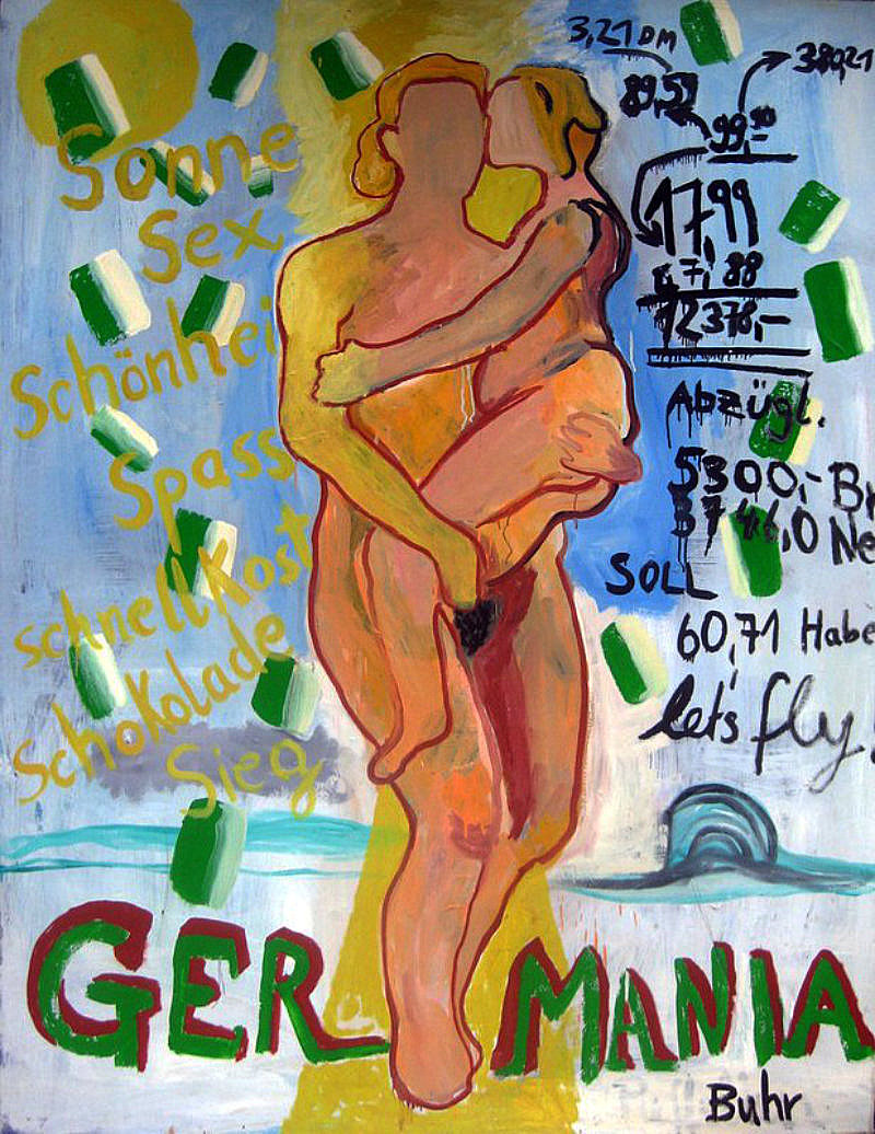 Expressionist oil painting of two embracing nude figures surrounded by German consumer words and price calculations, titled GERMANIA — Heiner Buhr, Berlin 1995