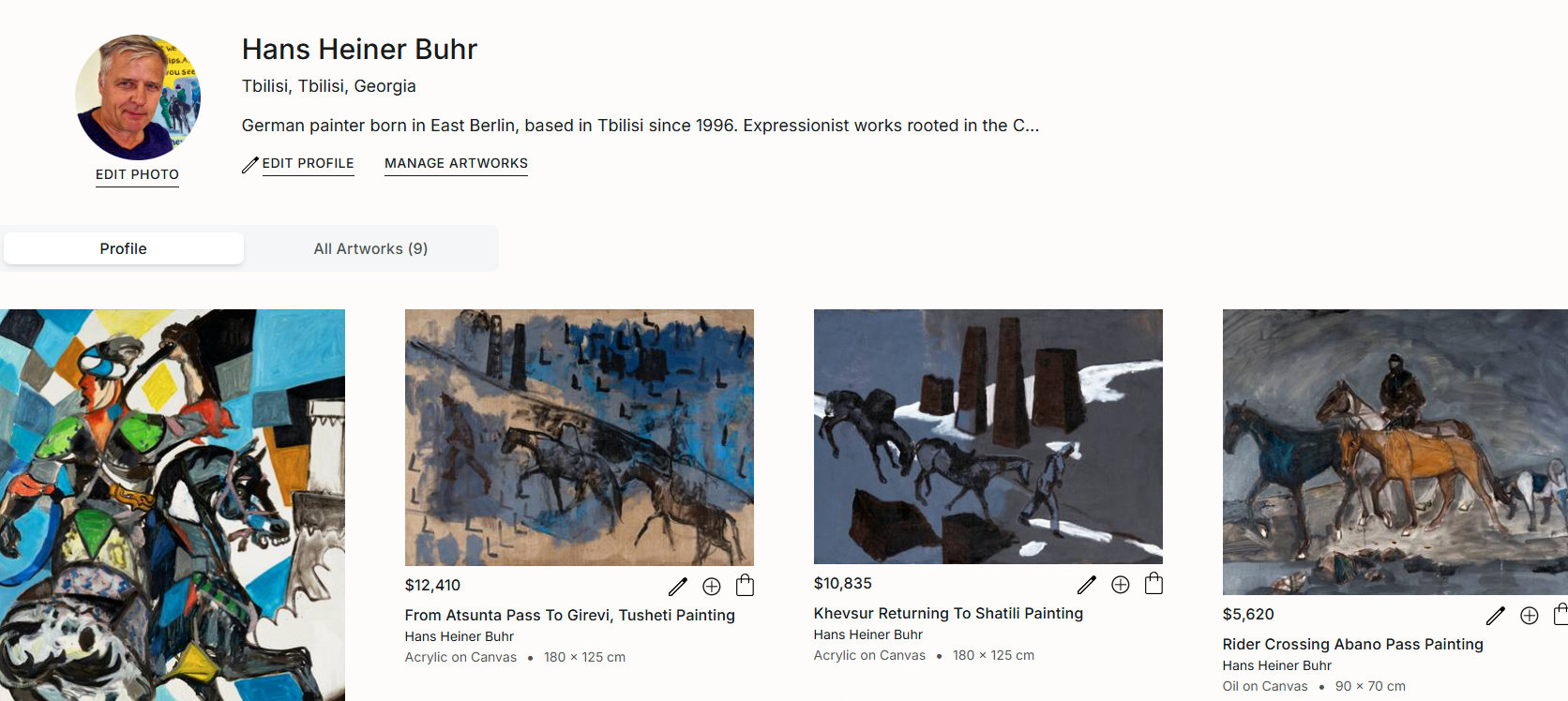 Detail of a Screenshot of Hans Heiner Buhr’s updated Saatchi Art profile showing selected paintings rooted in Georgia, the Caucasus, horses, mountain passes and post-Soviet landscapes.