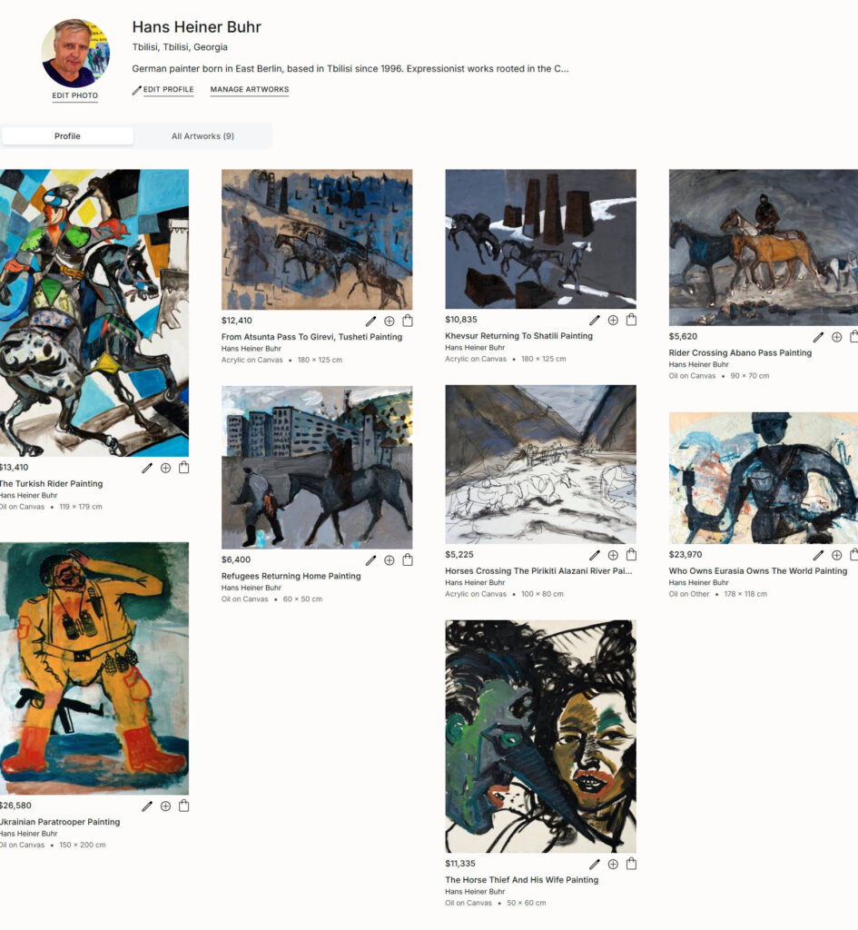 Screenshot of Hans Heiner Buhr’s updated Saatchi Art profile showing selected paintings rooted in Georgia, the Caucasus, horses, mountain passes and post-Soviet landscapes.