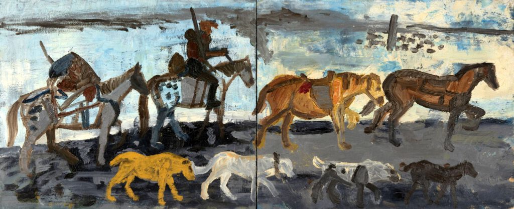 The Caravan, oil painting by Hans Heiner Buhr showing a rider with packhorses and livestock guardian dogs in a Caucasus landscape.