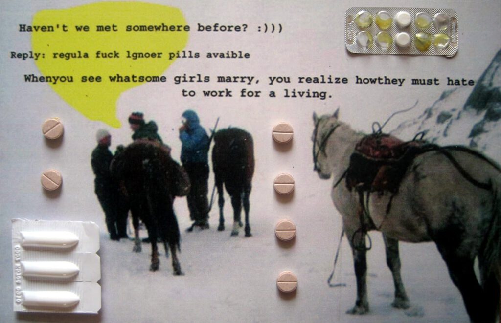 Mixed media collage showing horse traders with added pharmaceutical elements and text