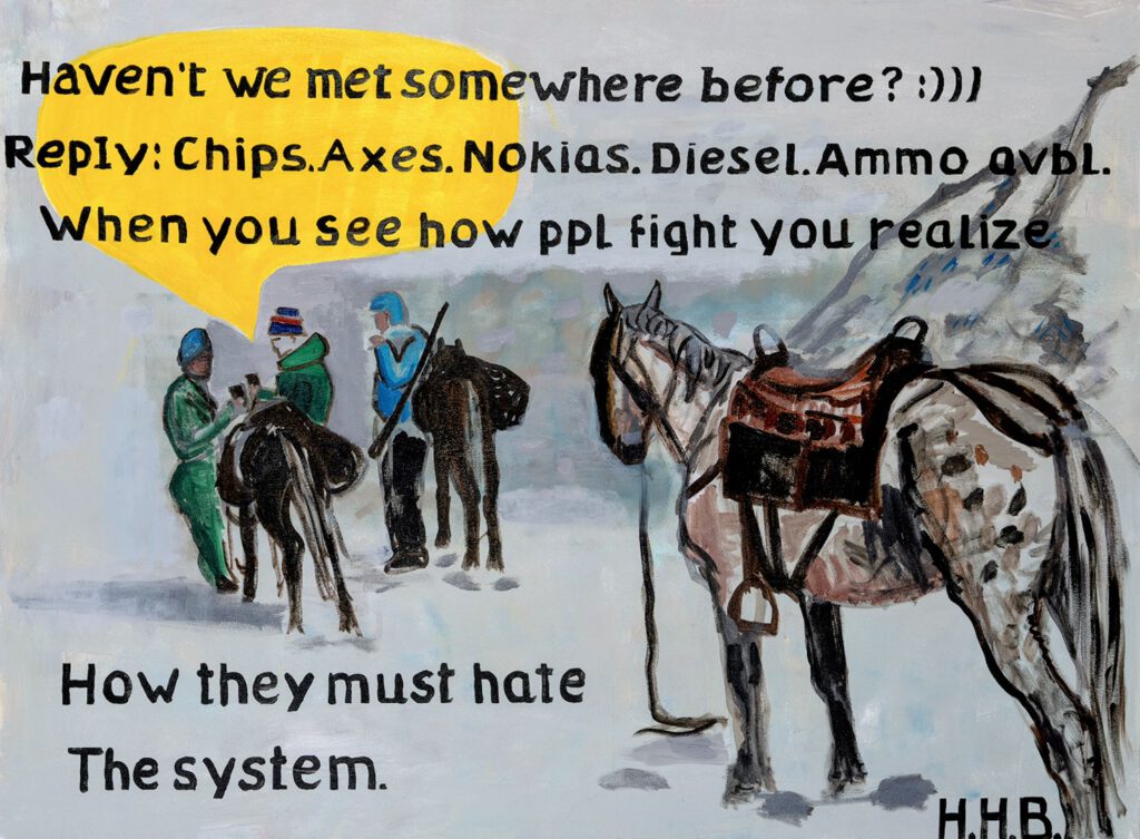 Large acrylic painting showing Caucasus horse traders with text overlay, based on a 1997 mountain encounter