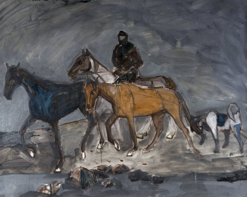 Oil painting by Hans Heiner Buhr showing a rider and horses crossing Abano Pass in Georgia under a dark grey sky.