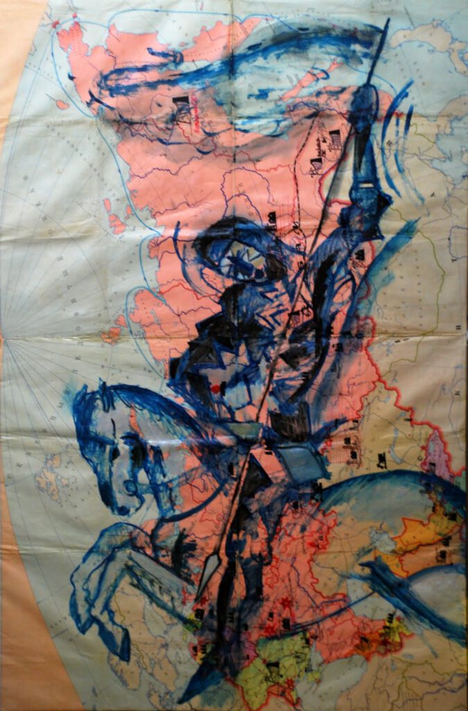 Expressionist oil sketch of Saint George on horseback with lance on a Soviet map — first rejected version, Heiner Buhr 2012