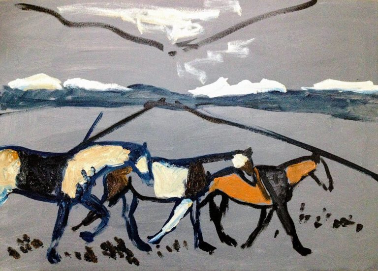 Expressionist painting of two horses crossing the Shiraki steppe in eastern Georgia — oil on canvas, Heiner Buhr 2010