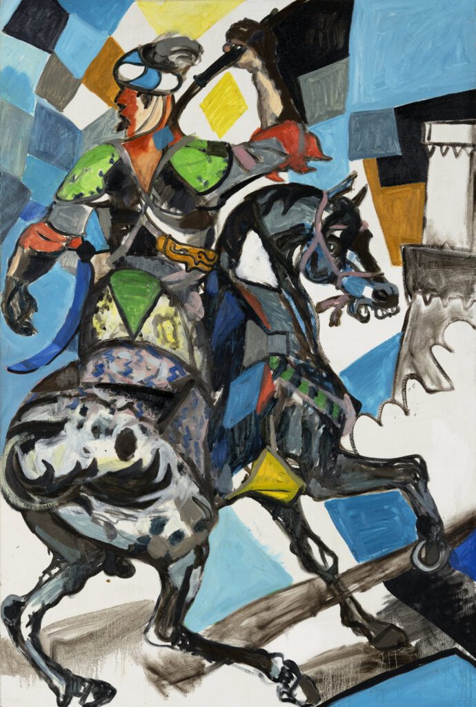 Oil painting by Hans Heiner Buhr showing a dynamic Turkish rider on horseback in bold blue, green, yellow and black tones.