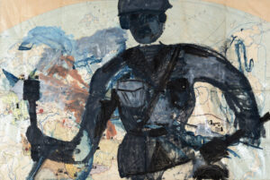 Expressionist painting of a dark soldier on a Soviet school map of the USSR — oil on map, Heiner Buhr 2011–12