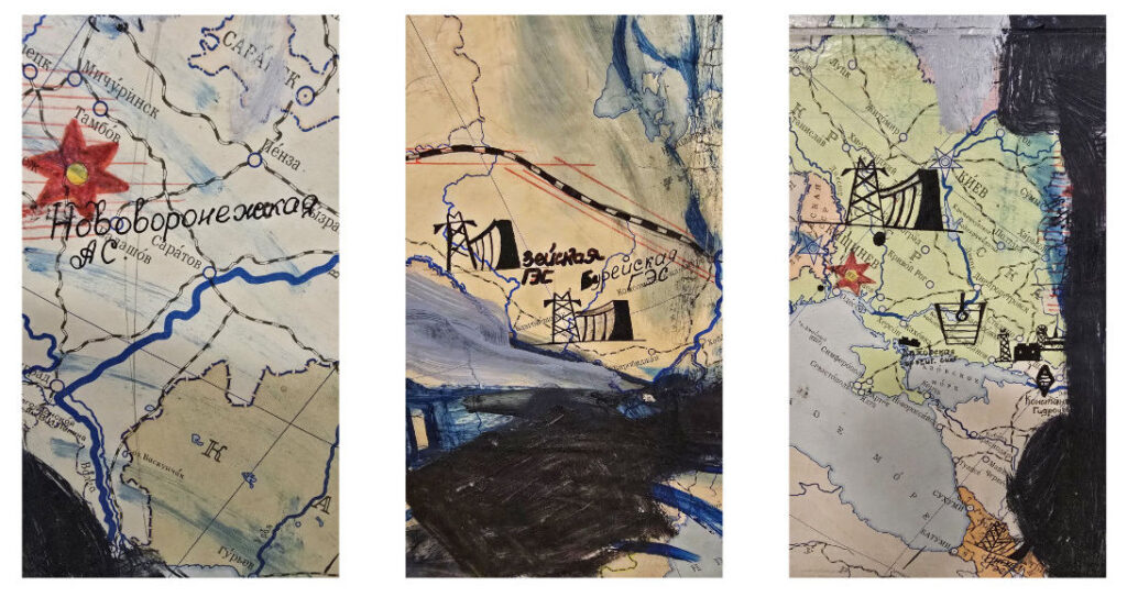 Triptych collage of three map details from oil painting on Soviet school map — Novovoronezh nuclear plant, Zeiskaya and Bureyskaya hydroelectric stations, Ukraine and Kyiv — Heiner Buhr 2011–12