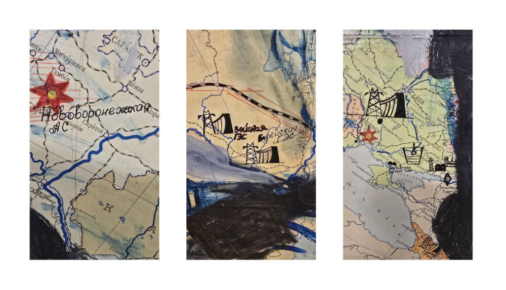 Triptych collage of three map details from oil painting on Soviet school map — Novovoronezh nuclear plant, Zeiskaya and Bureyskaya hydroelectric stations, Ukraine and Kyiv — Heiner Buhr 2011–12