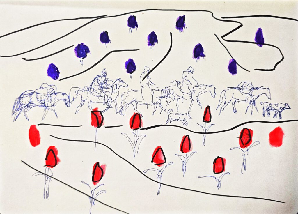 Colored sketch of a caravan with horses and riders moving through a landscape with red tulips and dark violet hills.