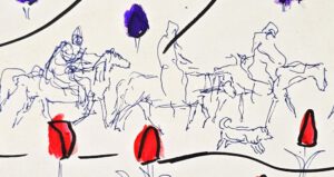 Colored sketch of a caravan with horses and riders moving through a landscape with red tulips and dark violet hills. Detail