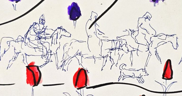 Colored sketch of a caravan with horses and riders moving through a landscape with red tulips and dark violet hills. Detail