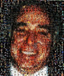 Digital collage portrait of Meir Mendelssohn composed of many small image fragments