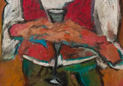 Detail aus dem Gemälde Meir Mendelssohn mit gefalteten Händen und Glas