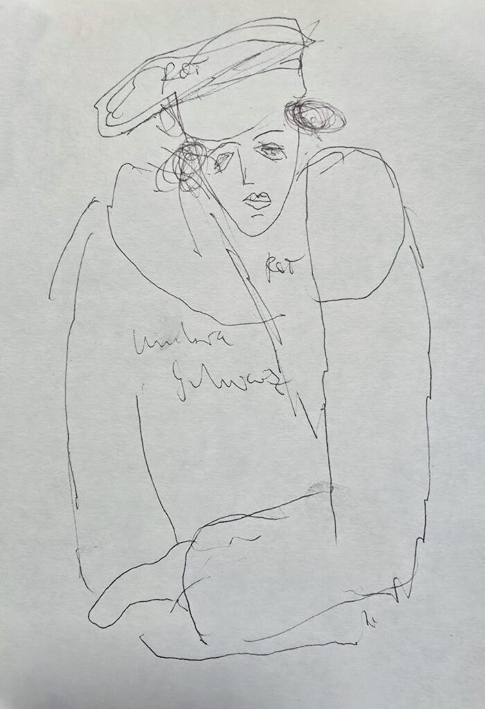 Zeichnung von Natasha in Smolensk, 1988, von Hans Heiner Buhr, sitzende Figur mit Hut in schneller Linienführung.