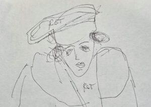 Detail - Zeichnung von Natasha in Smolensk, 1988, von Hans Heiner Buhr, sitzende Figur mit Hut in schneller Linienführung.