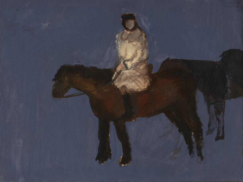 Expressionist oil painting of a rider in a white coat on a dark brown horse, with a second horse in shadow, against a blue-grey ground — Hans Heiner Buhr, Tbilisi, 1999