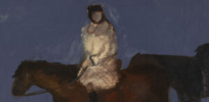 Detail of Expressionist oil painting of a rider in a white coat on a dark brown horse, with a second horse in shadow, against a blue-grey ground — Hans Heiner Buhr, Tbilisi, 1999