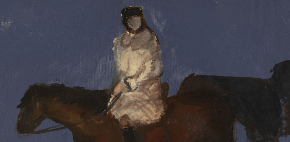 Detail of Expressionist oil painting of a rider in a white coat on a dark brown horse, with a second horse in shadow, against a blue-grey ground — Hans Heiner Buhr, Tbilisi, 1999