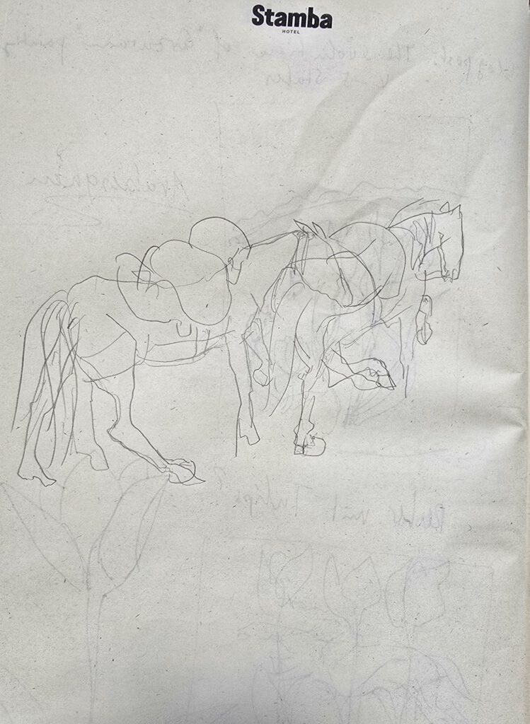 Pencil sketch of two loaded pack horses drawn on Stamba Hotel paper.