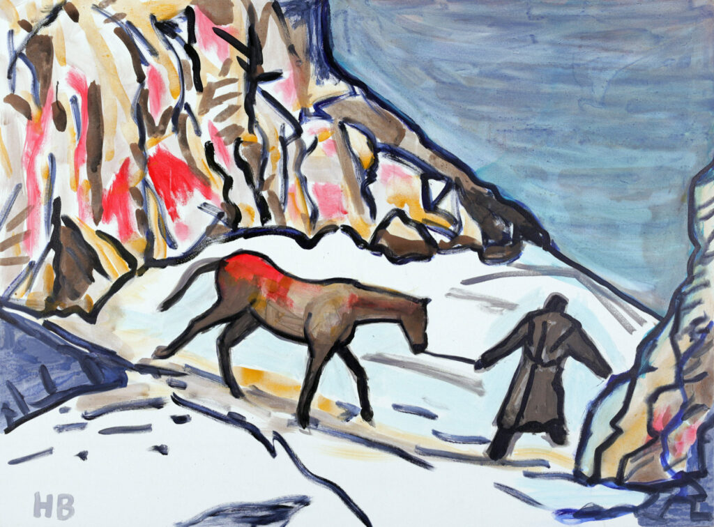 Colourful expressionist painting of the Arkhoti Pass in Khevsureti by Hans Heiner Buhr, acrylic on canvas, 130x190 cm, 2025