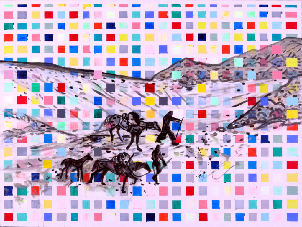 Painting Land of the Pixel by Hans Heiner Buhr, figures and horses in a Caucasus mountain pass overlaid with a grid of colourful squares, acrylic and oil on canvas, 125x160 cm, 2023