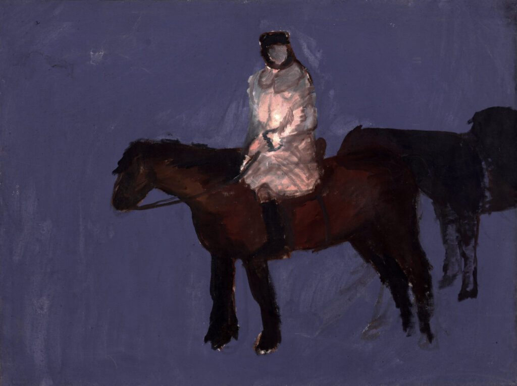 Expressionist painting of a Shiraki rider with pack horse by Hans Heiner Buhr, oil and acrylic on canvas, 60x80 cm, 1999